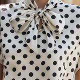 Satin Polka Dot Bow Tie Neck Short Sleeve Blouse