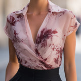 Floral Print Draped Wrap Collar Short Sleeve Blouse