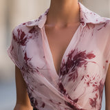 Floral Print Draped Wrap Collar Short Sleeve Blouse
