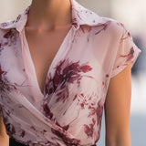 Floral Print Draped Wrap Collar Short Sleeve Blouse