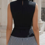 Contrast Stripe High-Neck Belted Structured Top
