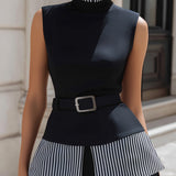 Contrast Stripe High-Neck Belted Structured Top