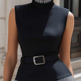 Contrast Stripe High-Neck Belted Structured Top