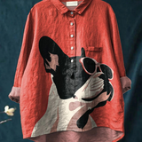 Samantha | Decorative Pattern of French Bulldog Wearing Sunglasses On Red Background Casual  Shirt