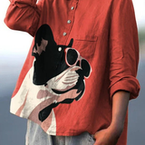 Samantha | Decorative Pattern of French Bulldog Wearing Sunglasses On Red Background Casual  Shirt