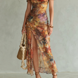 Ciel | Ruffled Sleeve Ruched Slit Midi Dress