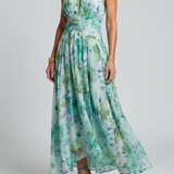 Portia | Pleated Halter Soft Floral Pattern Midi Dress