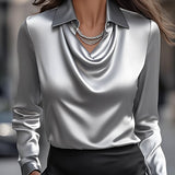 Elegant White Satin Blouse with Draped Neckline