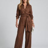 Jovie | Long Sleeve Button Front Wide Leg Jumpsuit