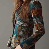 Tailored Vintage Velvet Blazer in Teal Floral Print