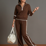 Rain | Zip Neck Long Sleeve Side Stripe Leg Pants Set