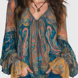 Clara | Bohemian Teal & Amber Paisley Chiffon Blouse With Ruffled Cuffs
