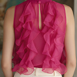 Ruffled High-Neck Sleeveless Chiffon Blouse