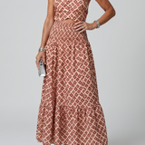 Amira | Cross Halter Geometric Print Cutout Midi Dress