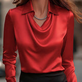 Elegant White Satin Blouse with Draped Neckline