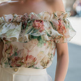 Off-Shoulder Ruffle Floral Chiffon Blouse