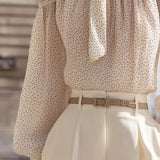 Polka Dot Cold-Shoulder Chiffon Blouse With Scarf Tie