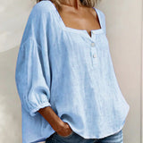 Arianne | Women's Square Neck Blouse 3/4 Puff Sleeve Button Top