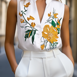 Sleeveless Blouse with Yellow Floral Embroidery