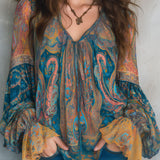 Clara | Bohemian Teal & Amber Paisley Chiffon Blouse With Ruffled Cuffs