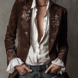 Retro Brown Suede Blazer Featuring Embroidered Accents