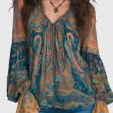 Clara | Bohemian Teal & Amber Paisley Chiffon Blouse With Ruffled Cuffs