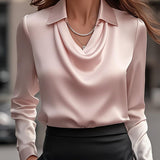 Elegant White Satin Blouse with Draped Neckline