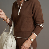 Rain | Zip Neck Long Sleeve Side Stripe Leg Pants Set