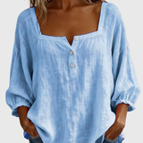 Arianne | Women's Square Neck Blouse 3/4 Puff Sleeve Button Top