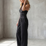 Dara | Zip Front Contrast Stitch Wide Leg Jumpsuit