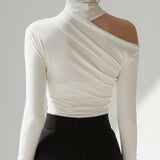 Asymmetric Draped High-Neck Long Sleeve Top
