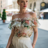 Off-Shoulder Ruffle Floral Chiffon Blouse