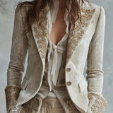 Ivory Velvet Blazer with Lace Cuffs and Embroidered Details