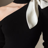 One-Shoulder Knit Top With Contrast Bow Detail