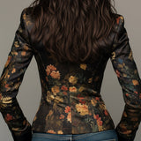 Chic Floral Print Satin Blazer with Elegant Oil Painting Design