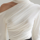 Asymmetric Draped High-Neck Long Sleeve Top