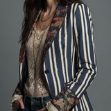 Bohemian Striped Blazer with Floral Print in Cotton and Linen