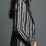 Bohemian Striped Blazer with Floral Print in Cotton and Linen