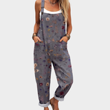 Jumpsuit - Gray jumpsuit with a bright floral pattern in dark with flowers