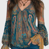 Clara | Bohemian Teal & Amber Paisley Chiffon Blouse With Ruffled Cuffs