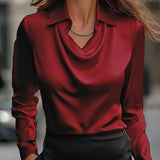 Elegant White Satin Blouse with Draped Neckline