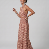 Amira | Cross Halter Geometric Print Cutout Midi Dress