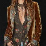 Retro Floral Patchwork Velvet Blazer with Lapel Detail