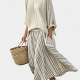 Aurcyn | Comfortable Loose Blouse & Striped Midi Skirt