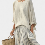 Aurcyn | Comfortable Loose Blouse & Striped Midi Skirt