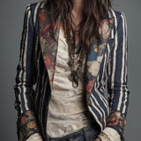Bohemian Striped Blazer with Floral Print in Cotton and Linen