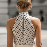 White & Black Polka Dot Halter Neck Keyhole Chiffon Top