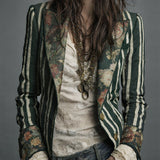 Bohemian Striped Blazer with Floral Print in Cotton and Linen