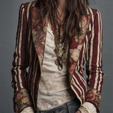 Bohemian Striped Blazer with Floral Print in Cotton and Linen