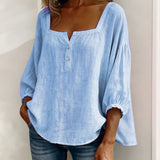 Arianne | Women's Square Neck Blouse 3/4 Puff Sleeve Button Top